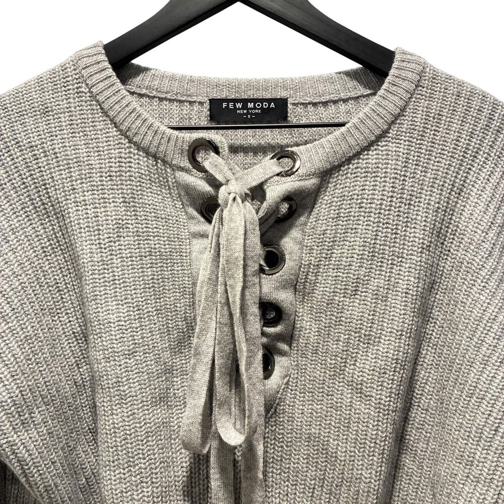 Few Moda New York Sweater Wool Blend Knit Lace Up Tie Front Gray Womens Small - Picture 4 of 8
